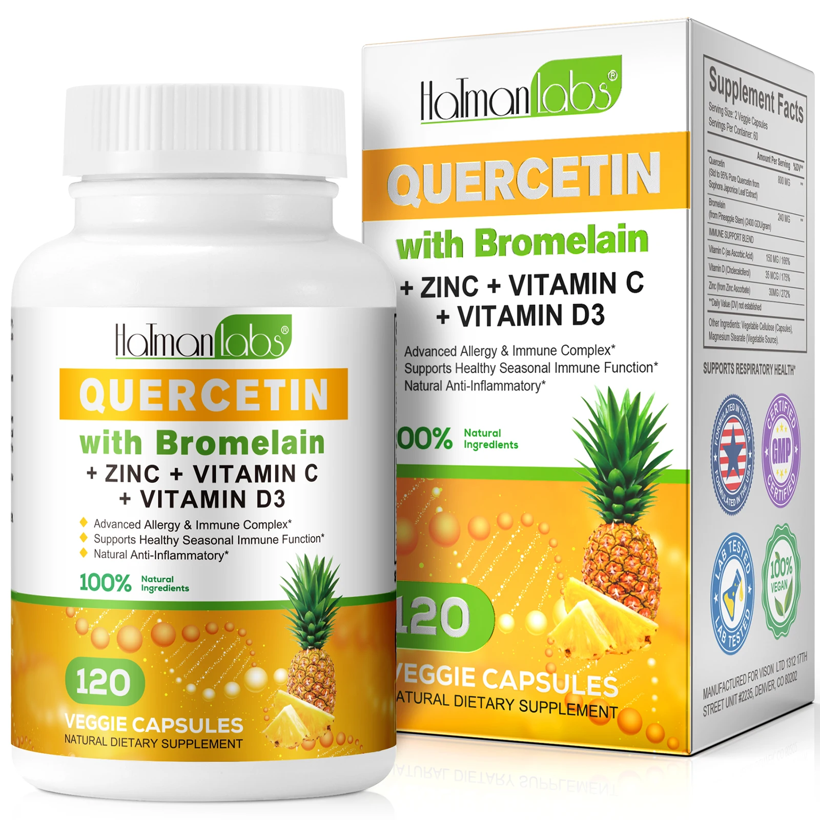 Hatmanlabs anti inflammatory 120 veggie capsules zinc vitamin c d3 quercetin supplements bromelain quercetin capsules