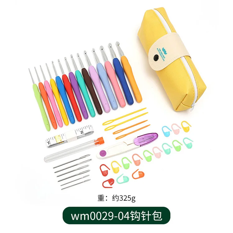 Colorful Rubber Handle Knitting Needles Kit With Sewing Clips Plastic Needles stainless steel Scissors Crochet Hooks Set