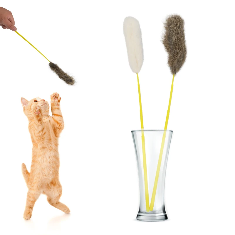 High Quality Interactive Cat Toy Plush Teaser Stick with Rabbit Feather & Plastic Pole for Pet Movement & Entertainment