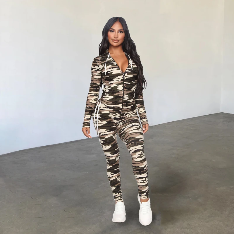 Women Autumn Winter Coat Pants Suit Zipper Design Clothing Camouflage Printed Two Piece Set
