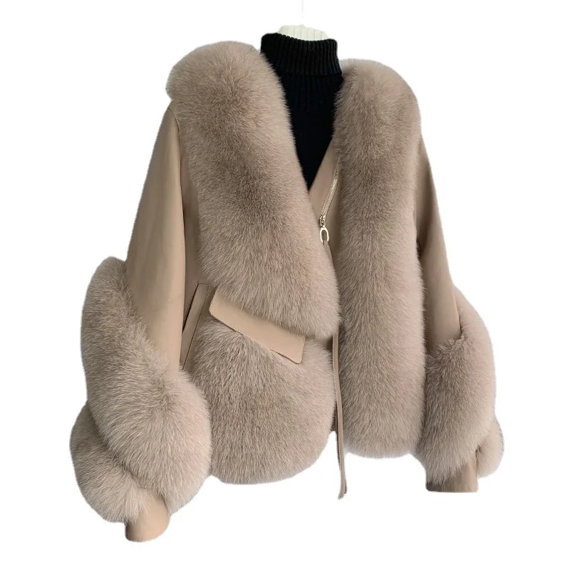 New female short sheepskin motorcycle suit fox fur coat