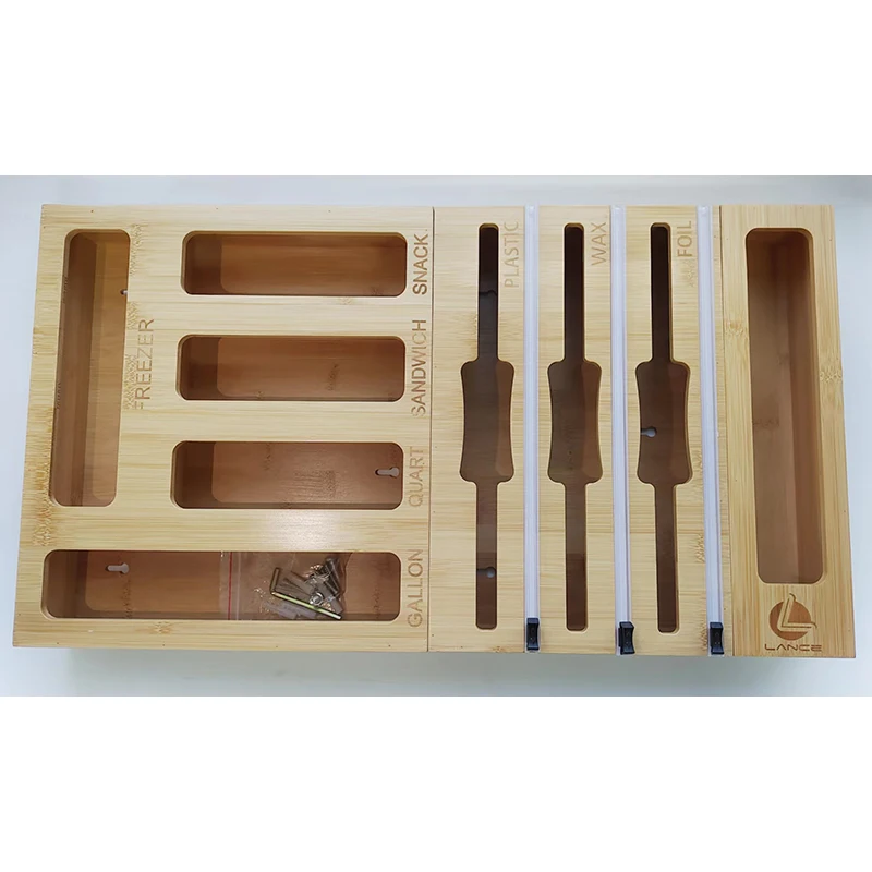 Trending Products 2023 Bamboo 9 in 1 Ziplock Bag Foil Plastic Wrap Storage Organizer For Drawer