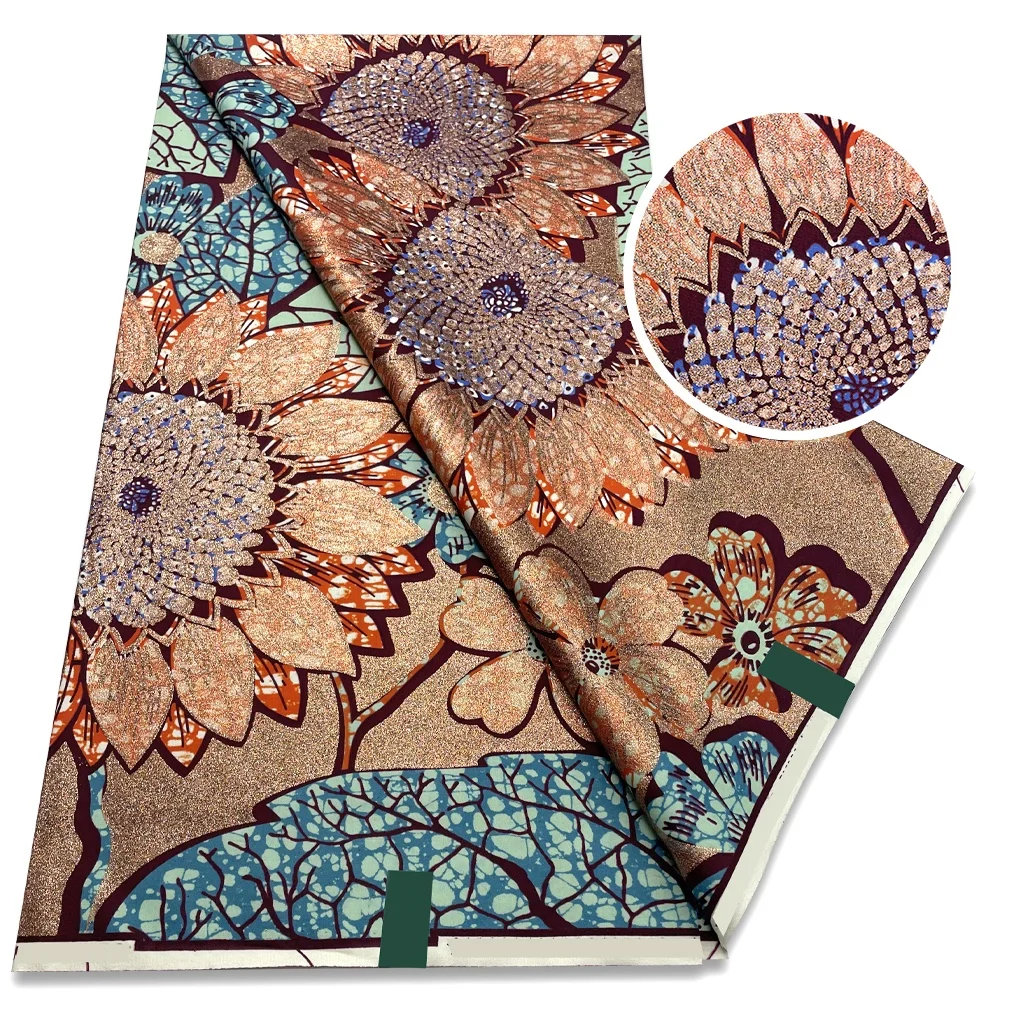 100% Cotton 6 Yards Grand Golden Super Ankara Holland Printed Wax With Glitter