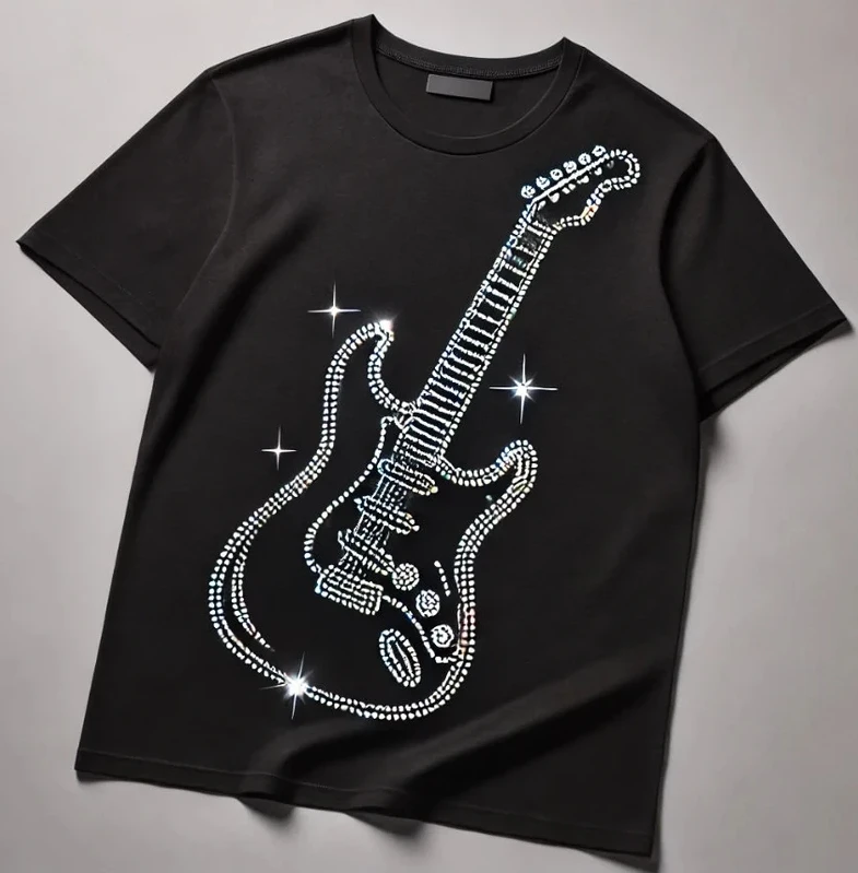 Free sample new arrival custom guitar logo dtf rhinestone custom hot fix rhinestone heat transfer for t shirt