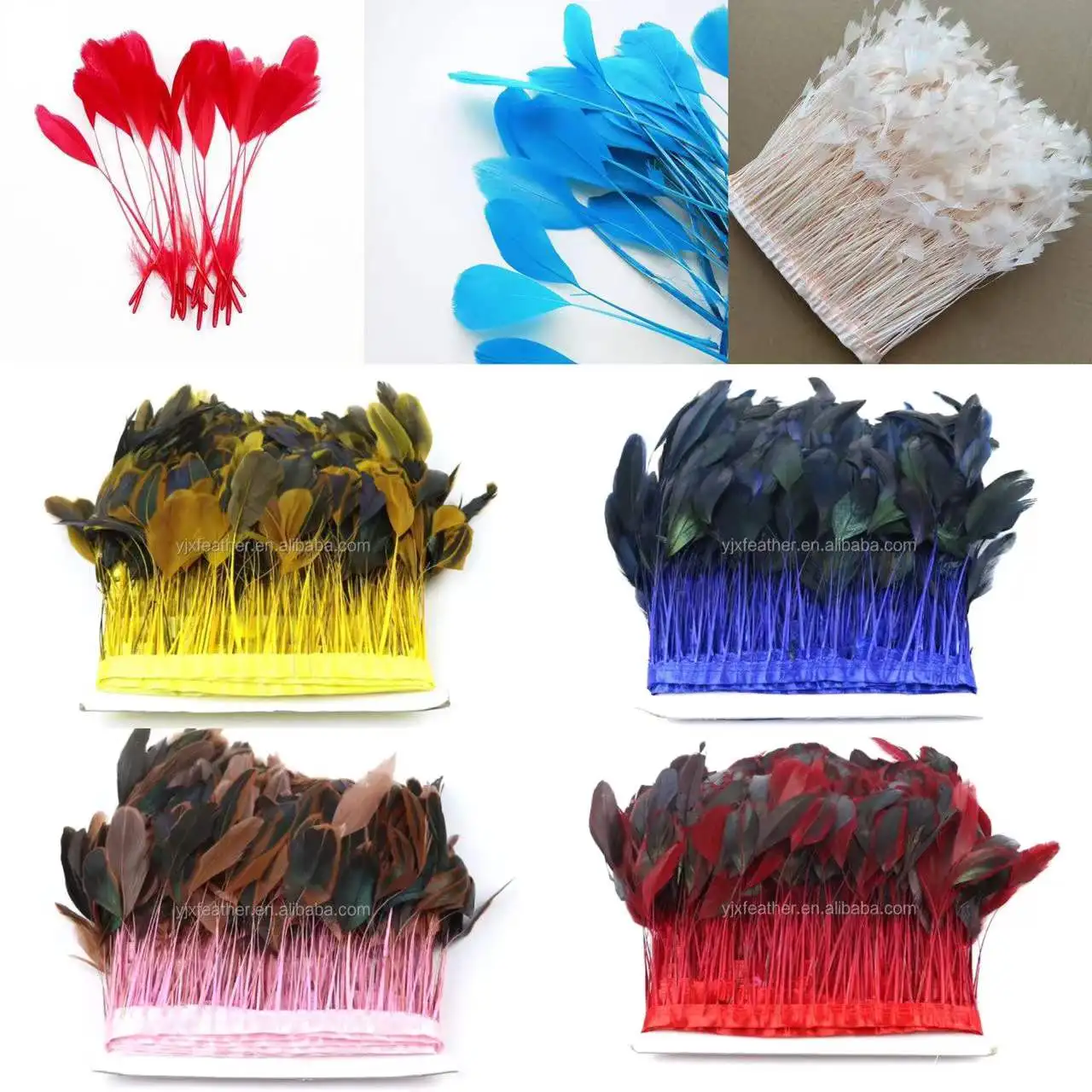 Cheap sale 10-15cm stripped Rooster tail Feather fabric trim With Satin Ribbon Tape