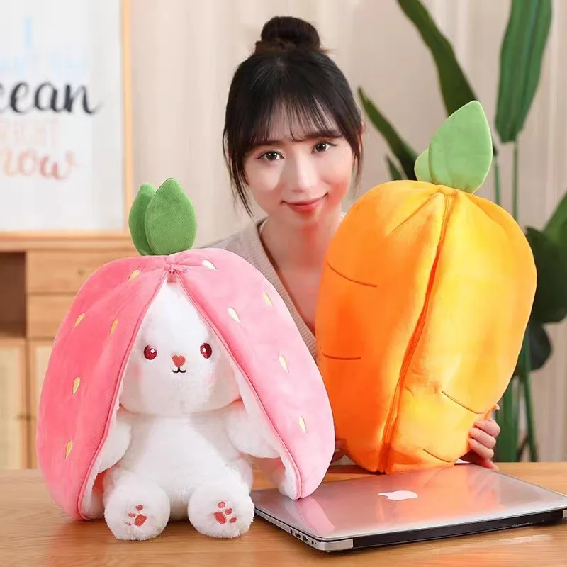 Reversible Strawberry Carrot Bunny Plush Toy with Zipper, Soft Plush Rabbit Stuffed Animal Doll