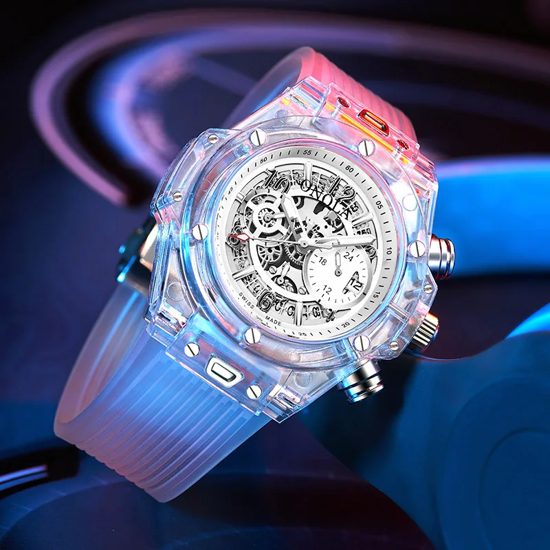 ONOLA 6812 Silicone Sports Transparent Skeleton Creative Men Quartz Wristwatches Chronograph Watches Men Wrist