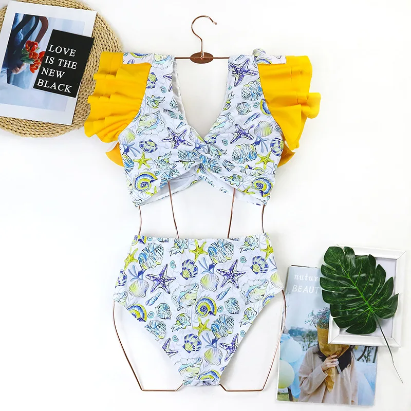 2023 Women Bathing Suit Floral Ruffled Swimwear Vintage High Waist Bikini Set With Sarong
