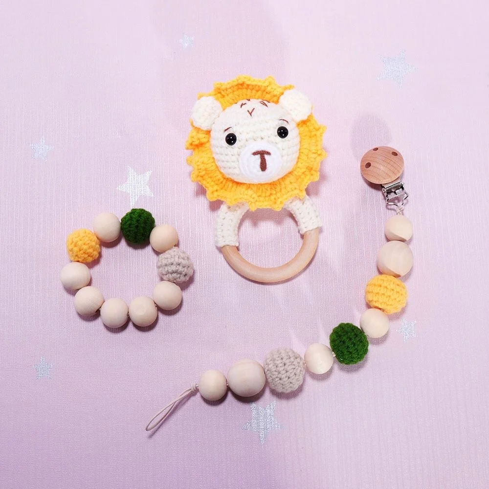 New newborn bunny beads ring clip rattle sensory plush soothing chew baby teething toys wooden crochet baby teether set