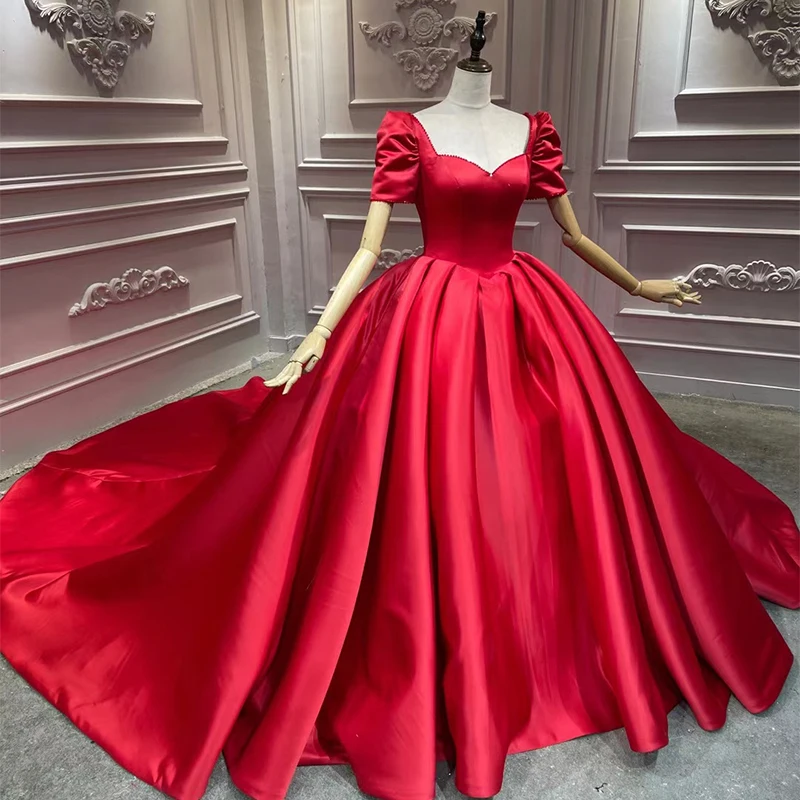 None Nylon Or Cotton Red Square Collar Short Sleeves Ball Gown Basics Satin Evening Dress