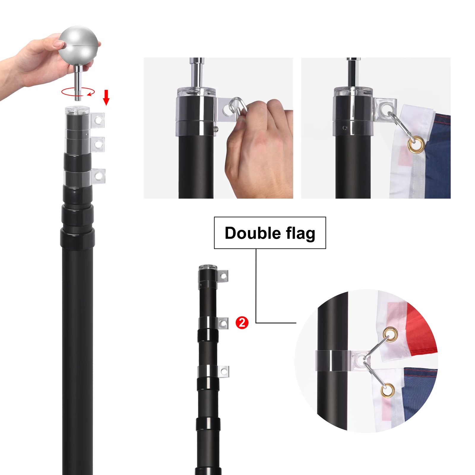 20ft 25ft 30ft  black Telescoping  oxidized  Aluminium Flag pole with  Flag and Golden /silver Ball Topper
