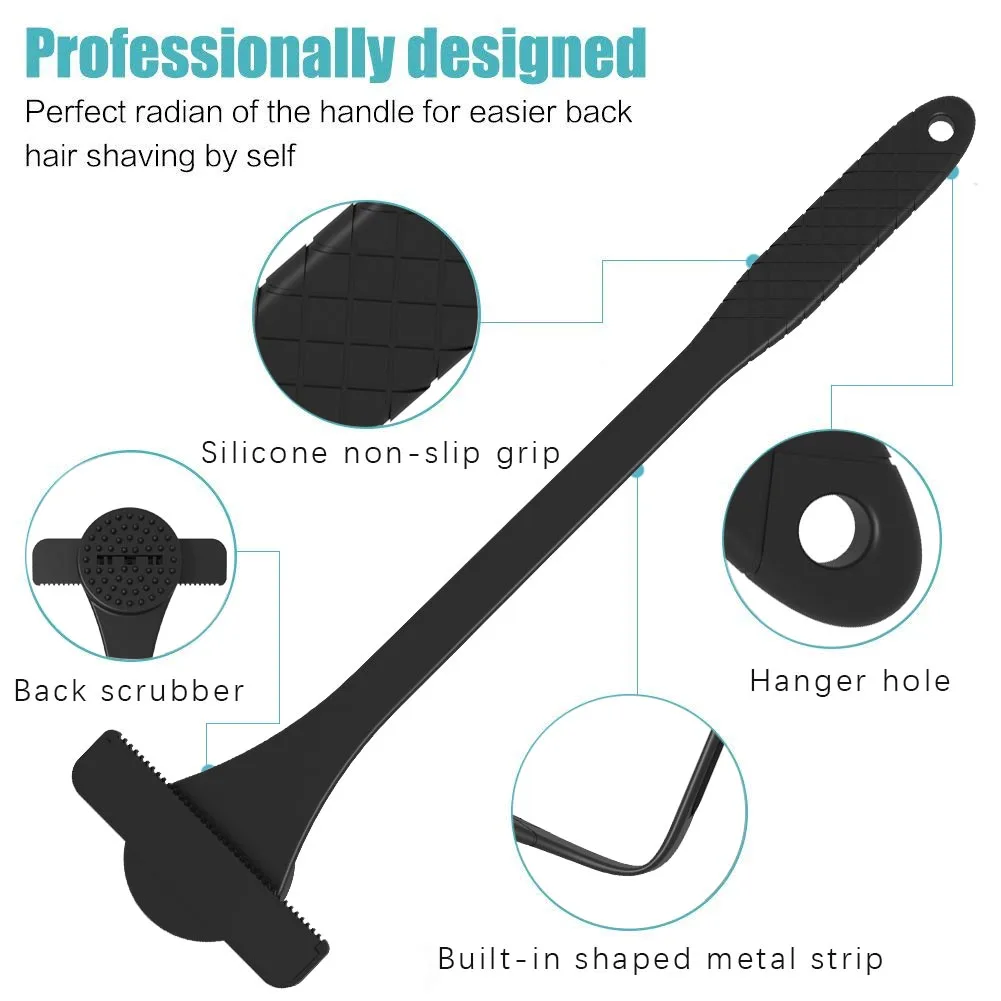 2-in-1 Back Shaving Knife with Silicone Flexible Handle and Back Scrubbing Brush Manual Personal Groomer, No Battery Required