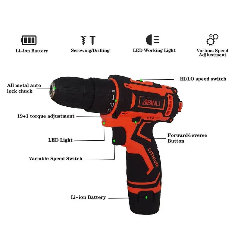 BINLI 12V 18V 36V OEM ODM High Quality Hot Sale Cordless Large Torque Electric Power Drill