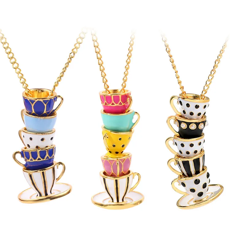 Fashion enamel Teacup Pendant Necklace For Women Jewelry Hand Painted Colorful Tea Cup Coffee Cups Collection