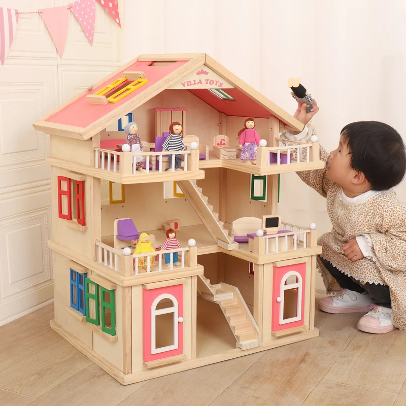 High Quality Amazon Hot Sale Pretend Toy Kids Wooden Doll Villa with Doll Room Furniture Doll House