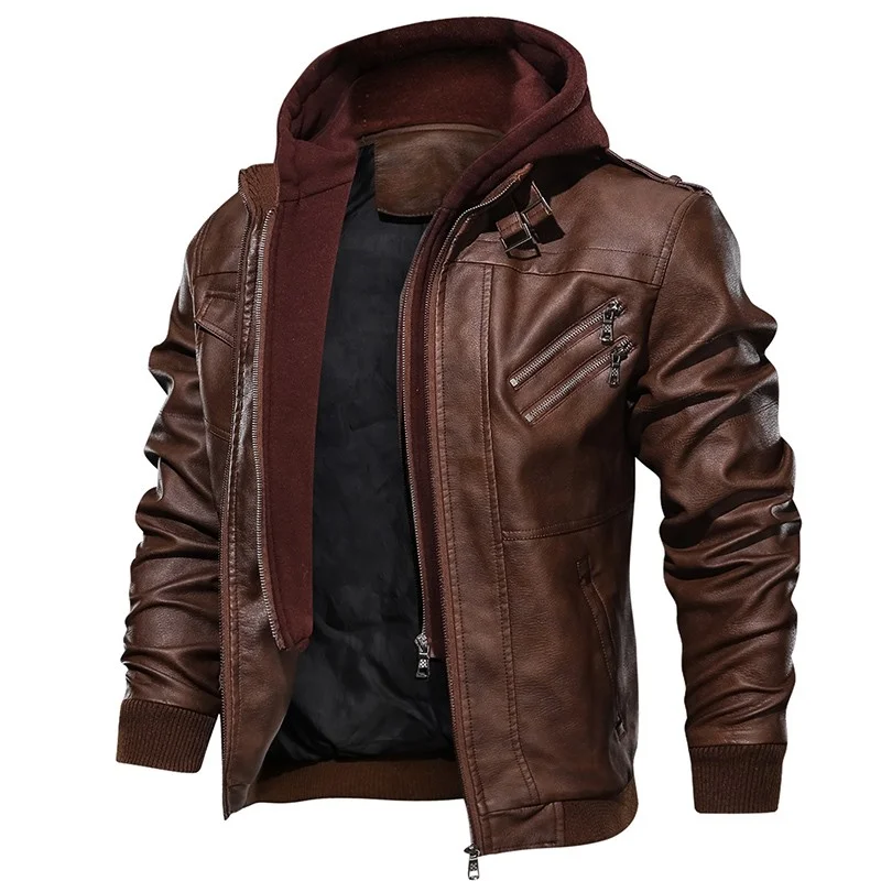 Wholesale Fashion Men Racer Motorcycle Pu Leather Jackets Jaqueta De Couro Masculino Hooded Coat Black Brown Leather Jacket
