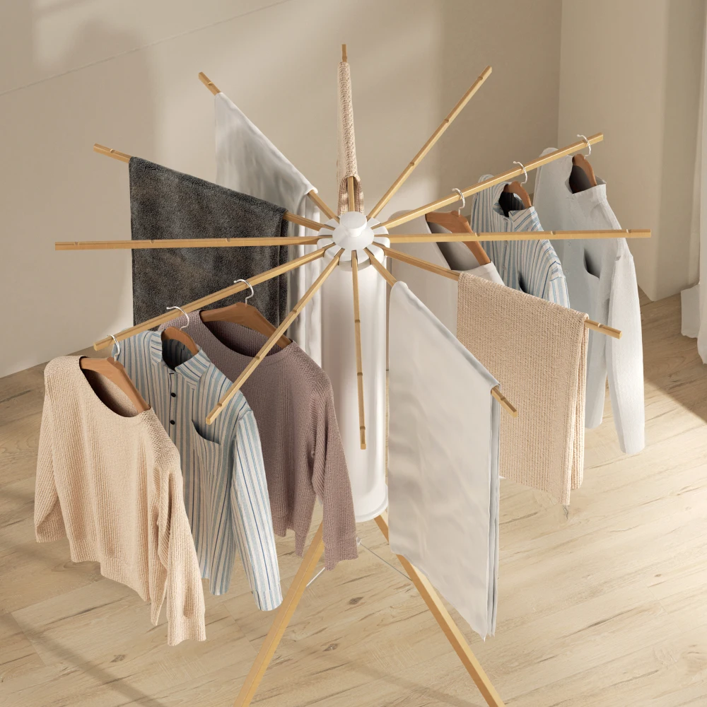 MUXIN Natural Varnished Solid Beechwood 16pcs Independent Removable Arms Octopus Wooden Stand Bag Clothes Tripod Drying Rack