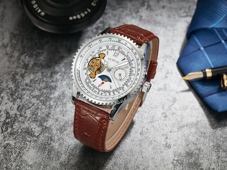 SEWOR 625 Luxury Stylish Men Mechanical Watch Vive Leather Strap Flying Tourbillon Watch Moon Phase 24 Hour Business Wrist Watch