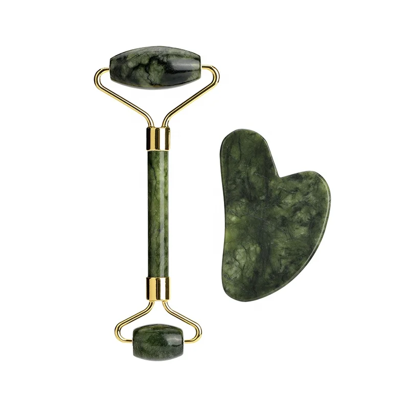Personalised Jade Roller and Gua Sha Tool Natural Stone Facial Massager Set High Quality Green Jade Face Roller Set with Box