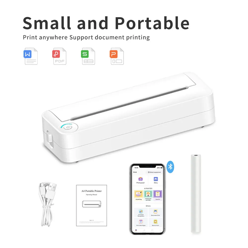 X8-ink-free portable A4 printer mini wireless mobile thermal printer temporary printer computer or mobile phone connection