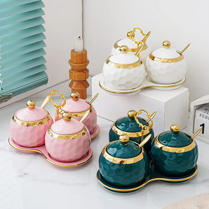 Luxury Kitchen Porcelain Sugar Salt Bowl Condiment Pot Seasoning Jar Box Ceramic Spice Set Jar With Spoon Tray