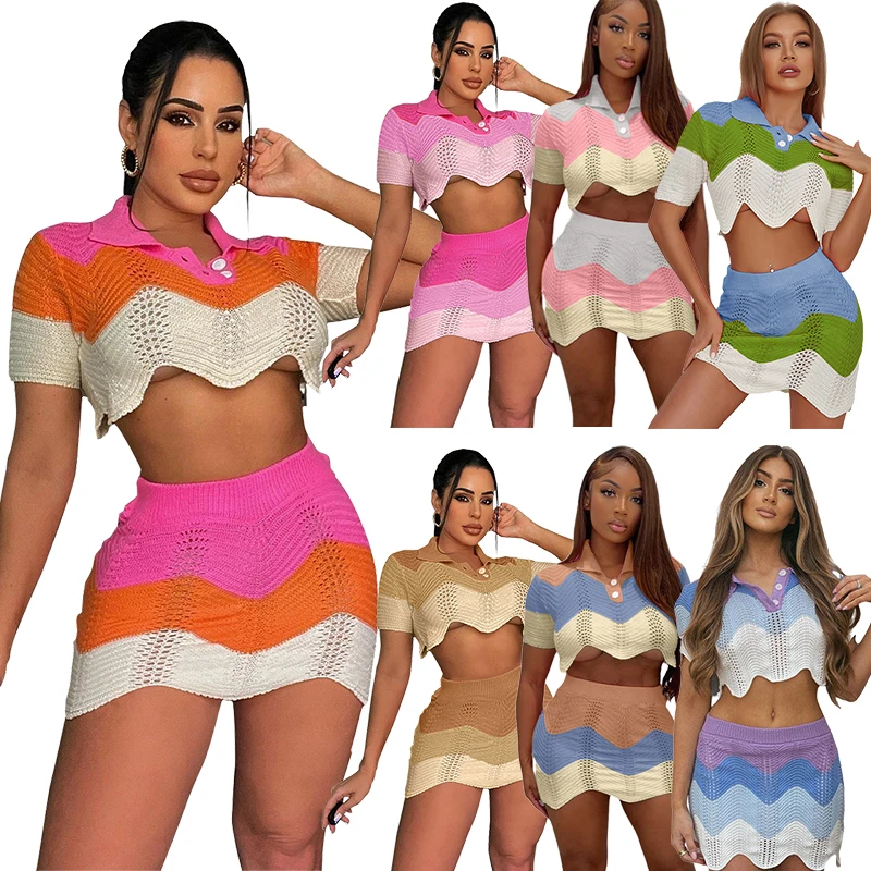Summer Women Outfits Short Sleeve Knit Crop Top Crochet Tops Skirt 2 Piece Set Summer Two Piece Mini Skirt Set Y2k Clothing