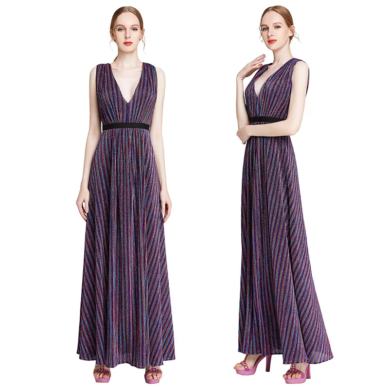 D014 Party maxi dress evening woman pleat stripe deep V-neck prom long dresses for women