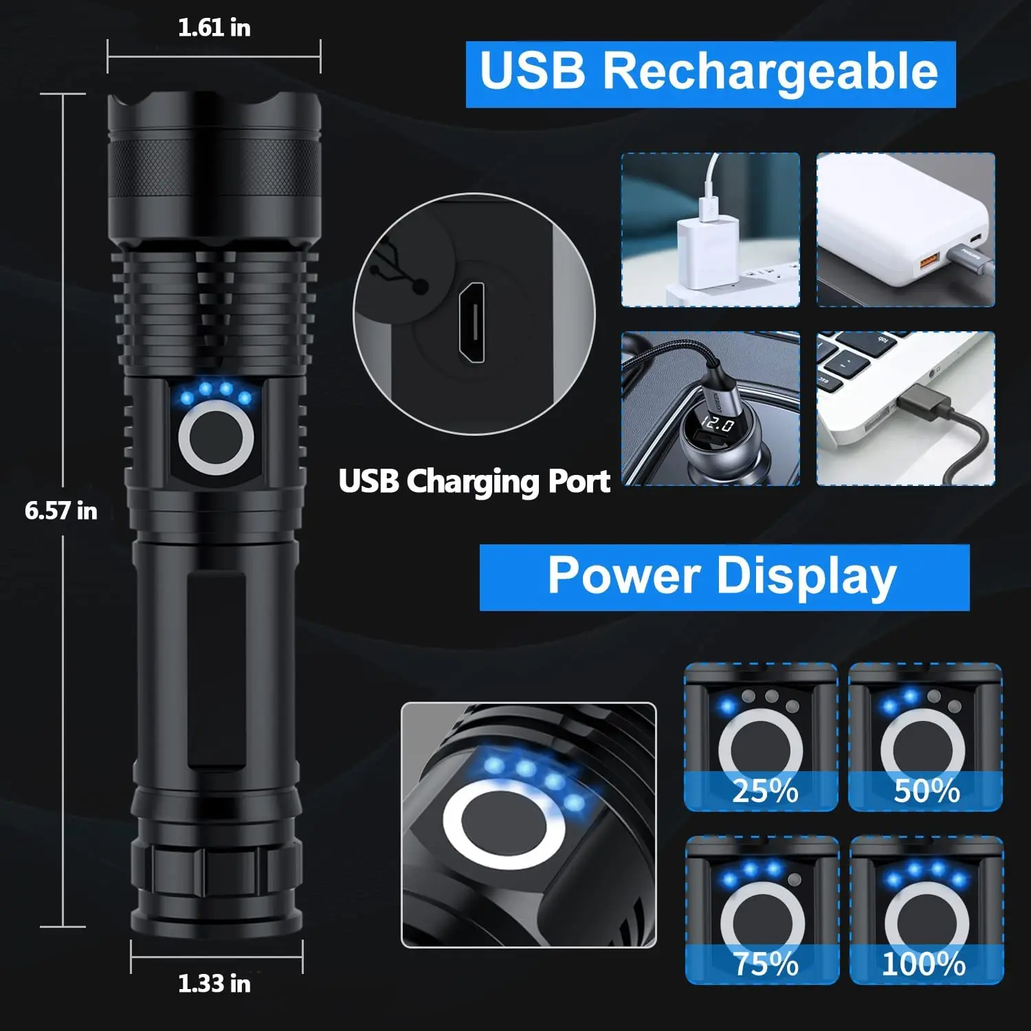 Long Range 18650 USB Torch Light linterna Powerful Zoom Waterproof Rechargeable XHP50 Super Bright LED tactical Flashlight