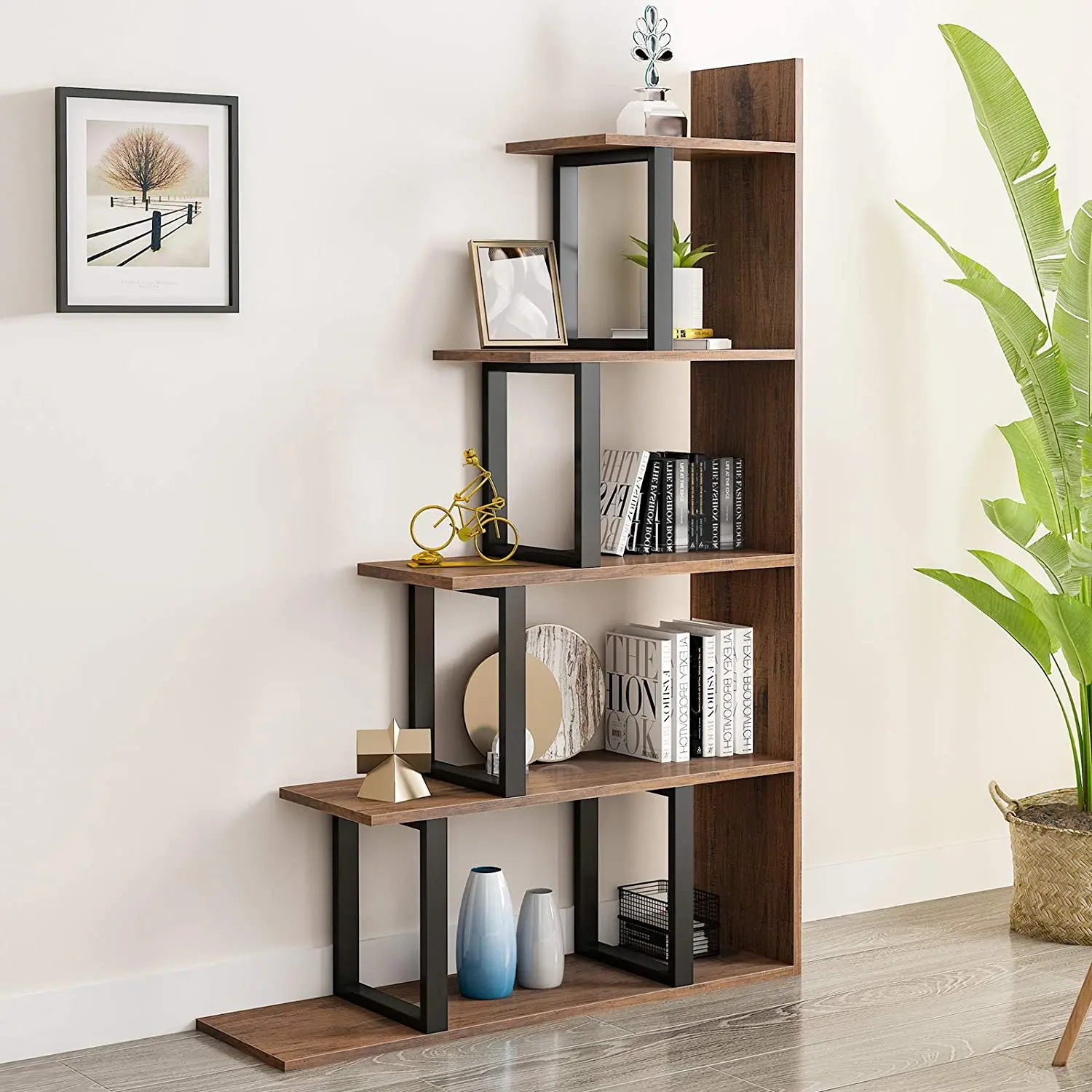 5-Tier L-Shape Bookshelf  Suitable for Living Room Bedroom Hallway Office,Industrial Vintage Freestanding Ladder Corner Bookcase