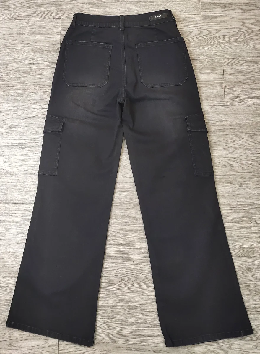 Custom OEM Manufacturer Deep Pocket High Waist Black Baggy Denim Ladies Long Parachute Cargo Pant For Women Jeans Trousers