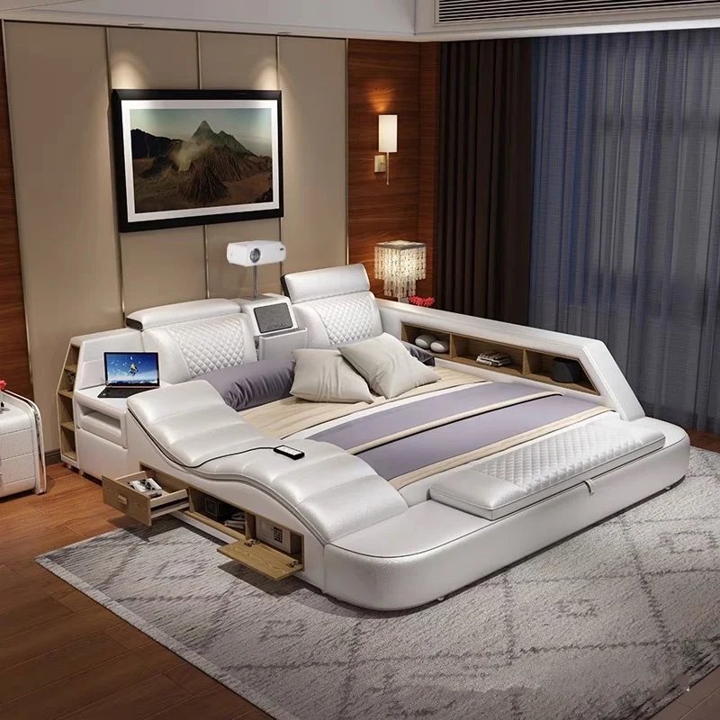 Modern Design Smart Leather Bed King Size Double Bedroom Furniture Set Queen Size Multifunctional Smart Luxury Bed With TV