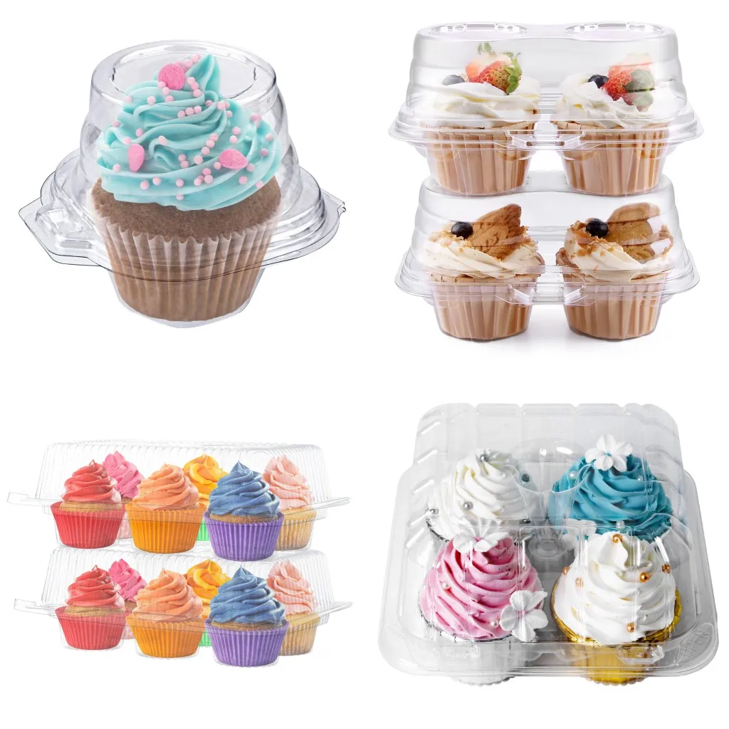 Custom 1 2 4 6 12 Cupcake Carrier Holders Clear Plastic Blister Clamshell Containers Dessert Muffins Packaging Box With Dome Lid