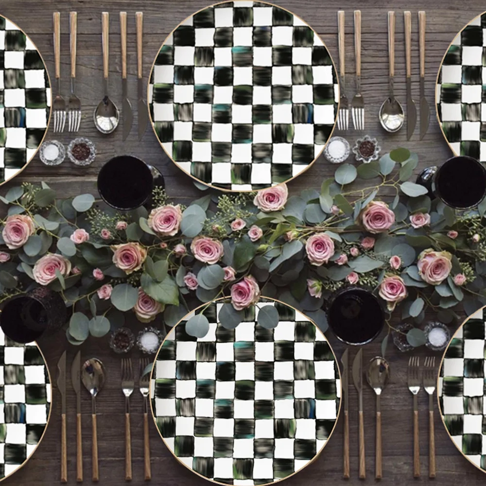 China tableware Ceramic dinnerware set white and black gold rim banquet plates