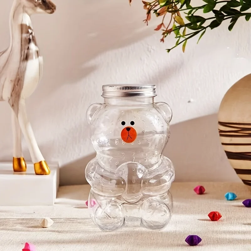 Factory Sell Pet Cartoon Juice Bottle Bear Shape Plastic Juice Bottle Beverage Bottle With Lid