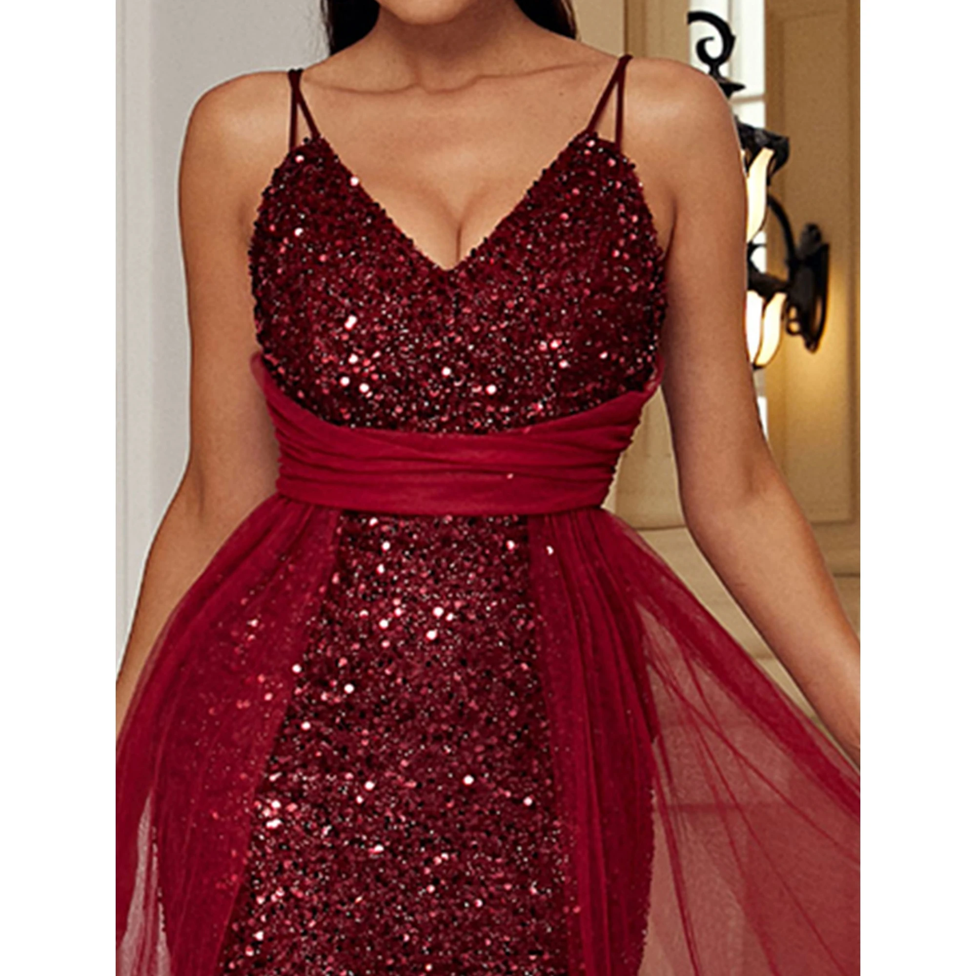Missord Contrast Sequin Mesh Overlay Formal Sequins Evening Dress In Red Gowns For Women