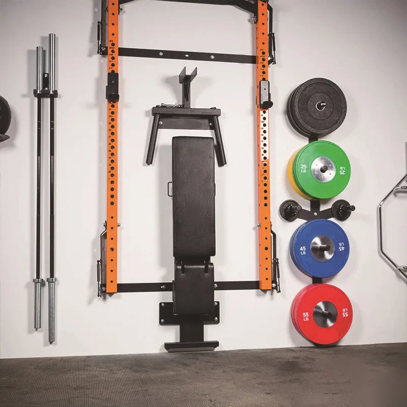 Customized Logo Gym Equipment Foldable Wall Folding Squat Rack with Multi-Grip Bar Wall Folding Back Wall mounted Squat Rack