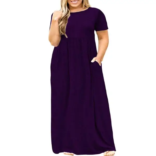 Plus Size Women Summer Sleeved Round Neck Pullover Buttery Soft Floaty Layered Maxi High Waistline Swing Dress With Pockets