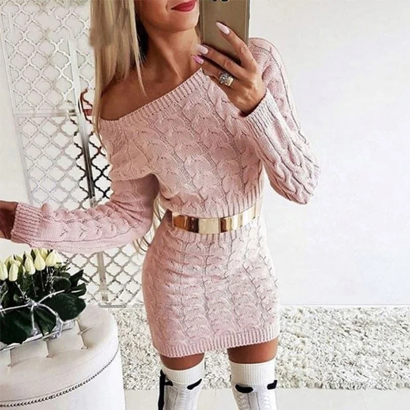 MOQ 1PC Twist Neon Knitwear Women Dresses Long Sleeve Solid Fashion Autumn Dress Basic Slim 2019 Winter Casual Femme Dresses