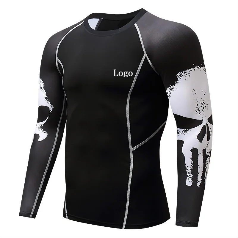 Men Long Sleeve Sports Shirt Surf UV 50 Playera Skull Skeleton Printing Oem Odm Rashguard Rash Guard For Men