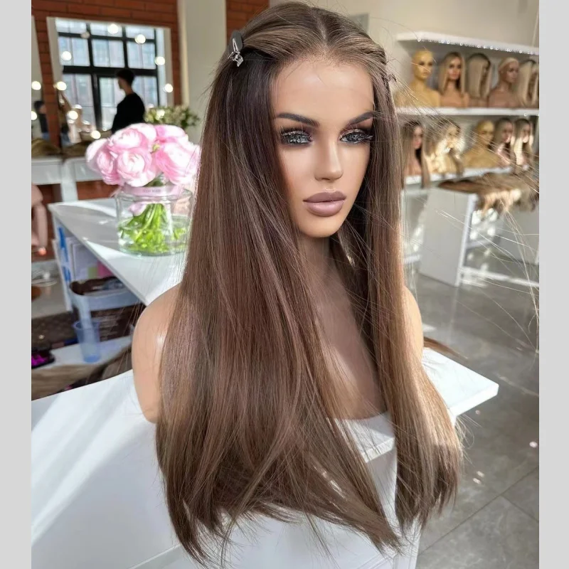 Deals Brown Balayage Straight Human Hair Wigs Unprocessed European Cuticle Aligned Hair Highlight Brown Lace Front Wigs