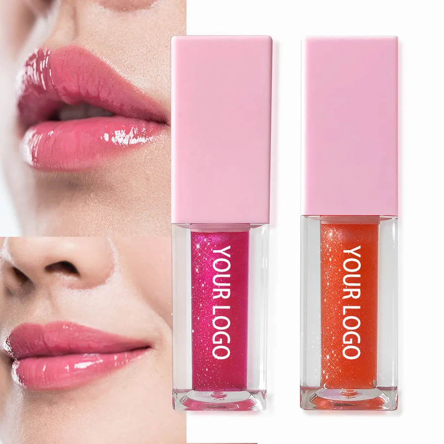 Wholesale cosmetics private label vegan lip treatment oil pink square tube shimmer lip oil