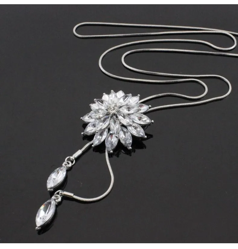 Lotus Decorative Pendant Autumn and Winter Snow Flower Crystal Zircon Sweater Chain Fashion Long Tassel Necklace