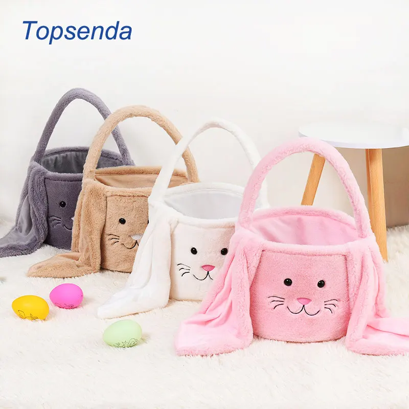 Kid Easter Basket Bunny Bucket Cartoon Fluffy Rabbit Ear Egg Hunt Long Plush Ear Tote Candy Gifts Bags