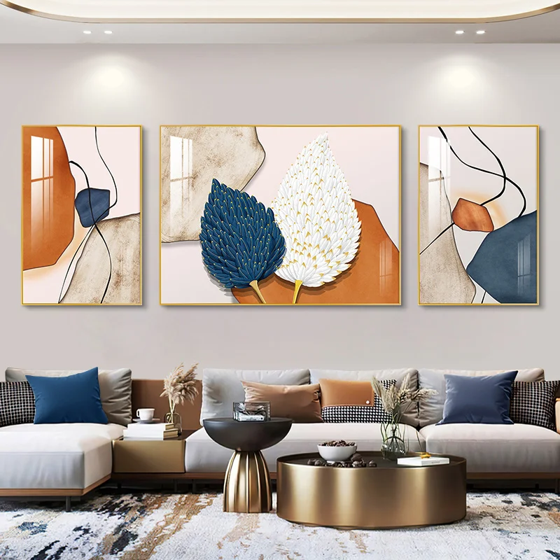 Living Room Decoration Painting Modern Simple Abstract 3pcs Mural Light Luxury Feather Crystal Porcelain Painting