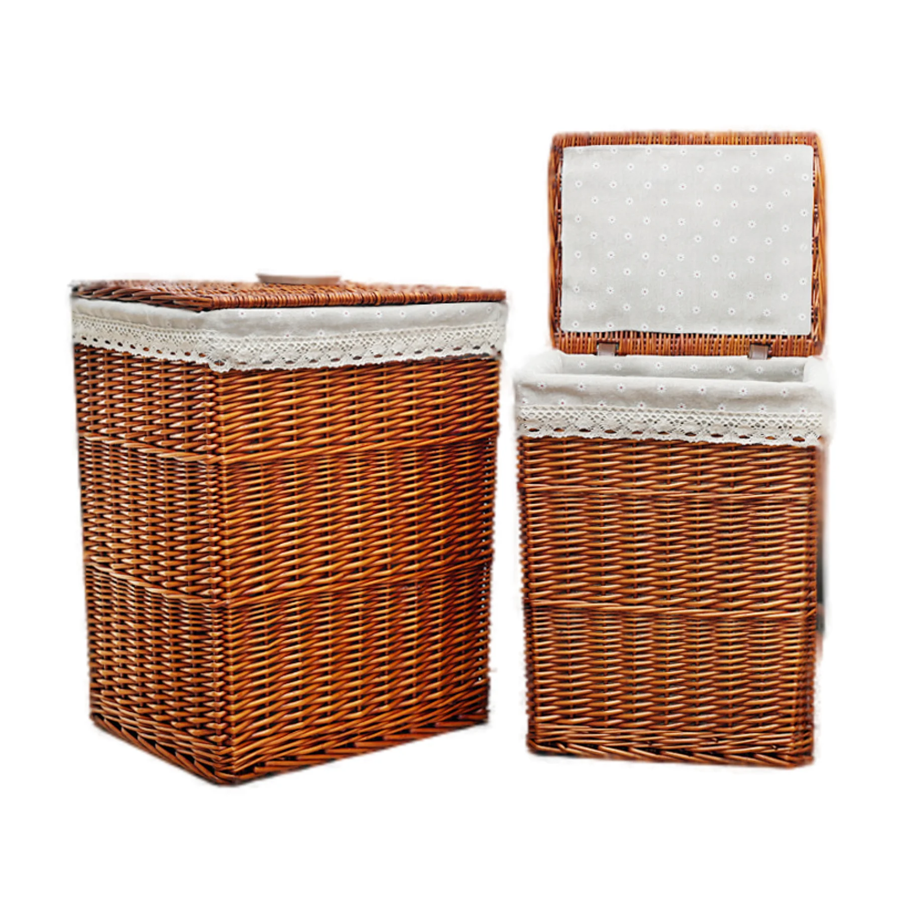 large rectangular natural color brown wicker woven home clothes storage basket willow made laundry basket with lid and lining