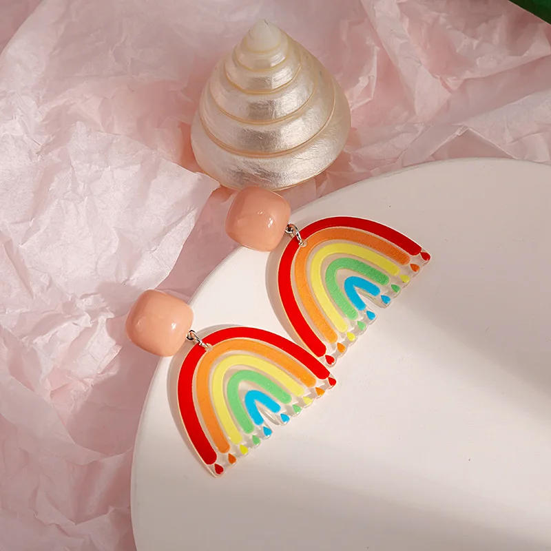 New Arrival Top Selling Trendy Creative Simple Colorful Cartoon Flower Patterns Colorant Match Resin Ring Personality Earrings