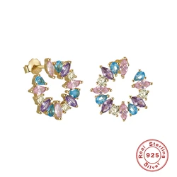 Fashion Jewelry Earrings 18K Gold Plated Diamond Silver Korean Colored Zircon Stud Earings Women
