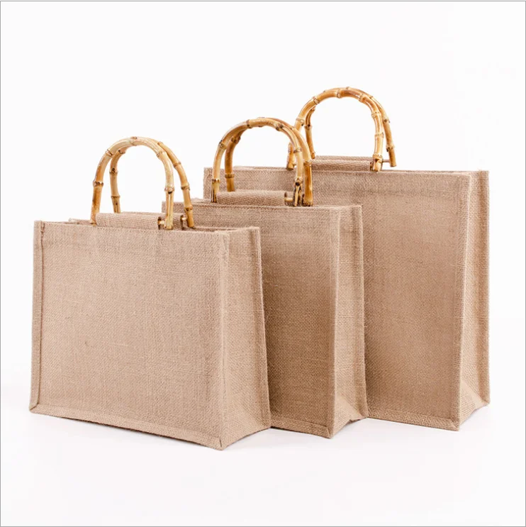 pvc coating waterproof jute handbag bamboo handle reusable eco friendly blank jute recycle tote bamboo handle DIY handbag