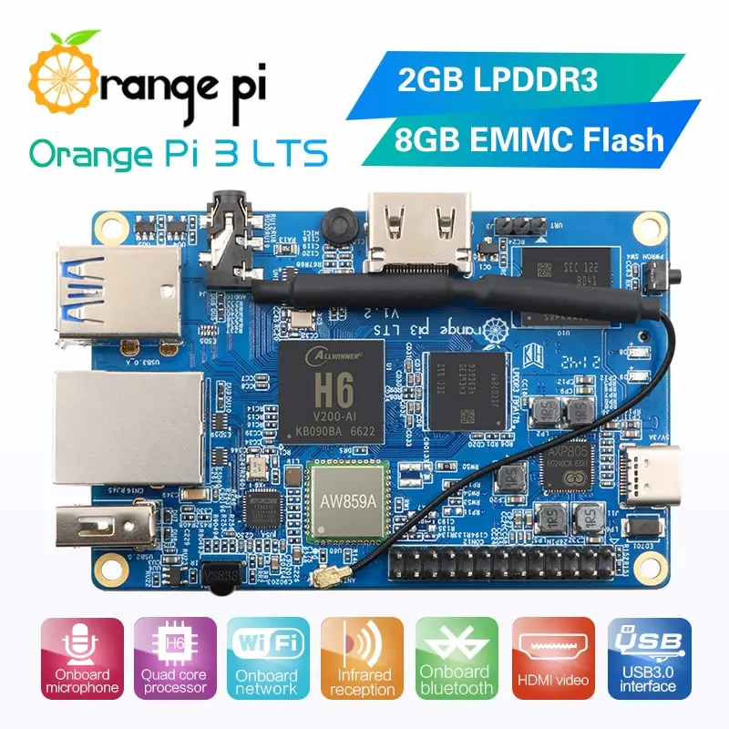 Orange Pi 3 LTS H6 64Bit 8GB EMMC 2G RAM WiFi BT 5.0 Optional Case Power Heatsink Fan Cable TF Card OPI 3LTS Orange Pi 3