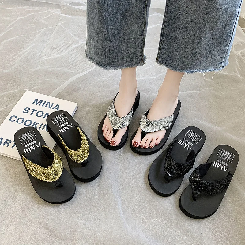 Shiny Sequin High Slope Heel Ladies Flip-flops Outdoor Beach Anti-slip Summer Flip Flops Sandals Slippers Thong Shoes For Women